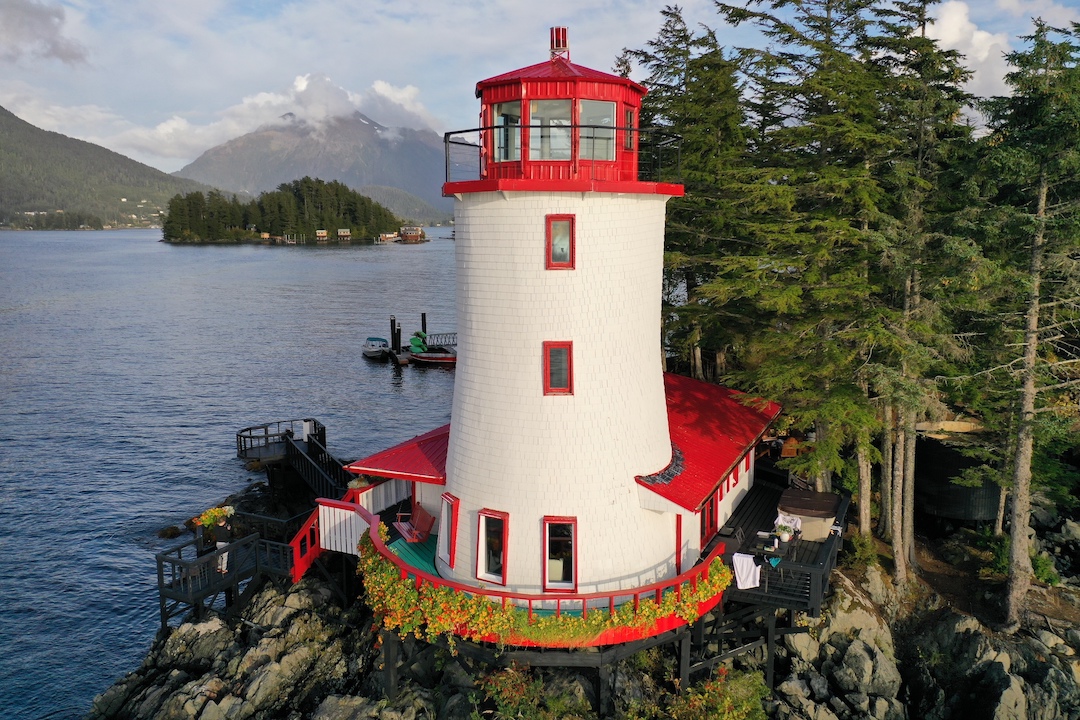 Sitka Lighthouse in white with bright red accents