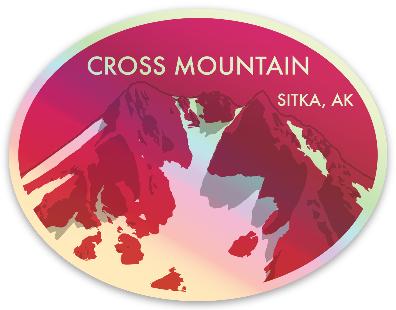 a quote unquote holographic
sticker of cross mountain aka cupola peak, it’s reddish pink and shiny reflective